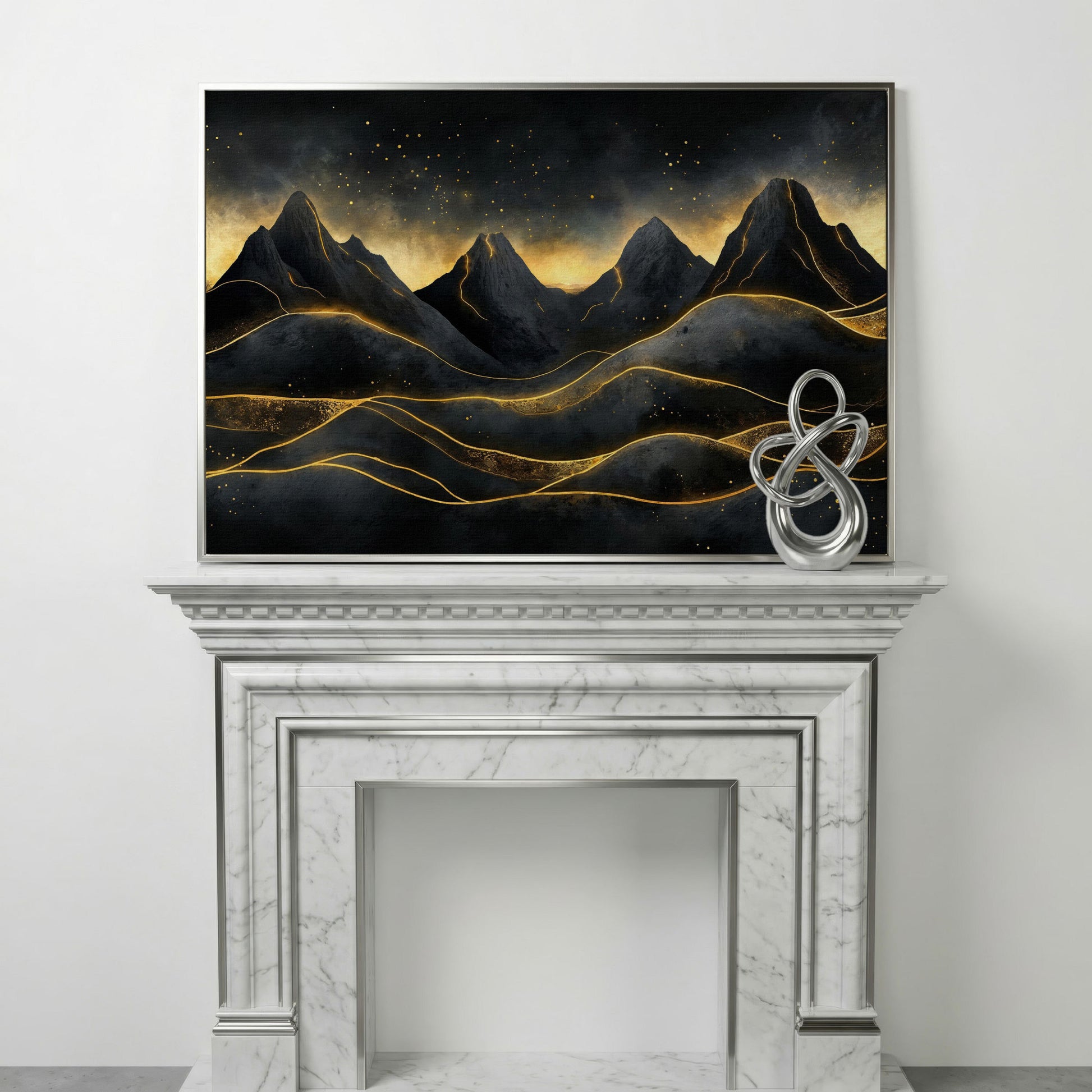 Surreal Mountain Landscape with Dark Sky and Gold Accents canvas in silver floating frame