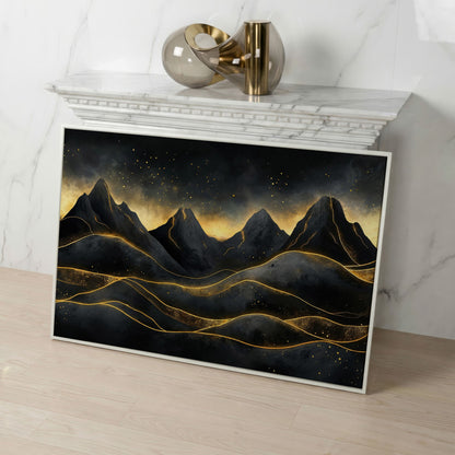 Surreal Mountain Landscape with Dark Sky and Gold Accents canvas in white floating frame