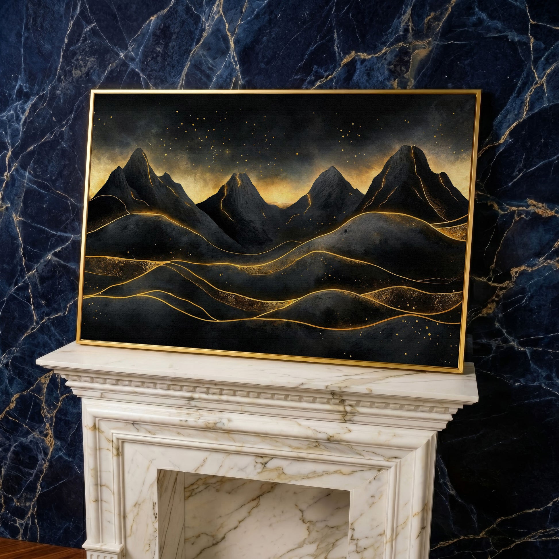 Surreal Mountain Landscape with Dark Sky and Gold Accents canvas in yellow gold floating frame
