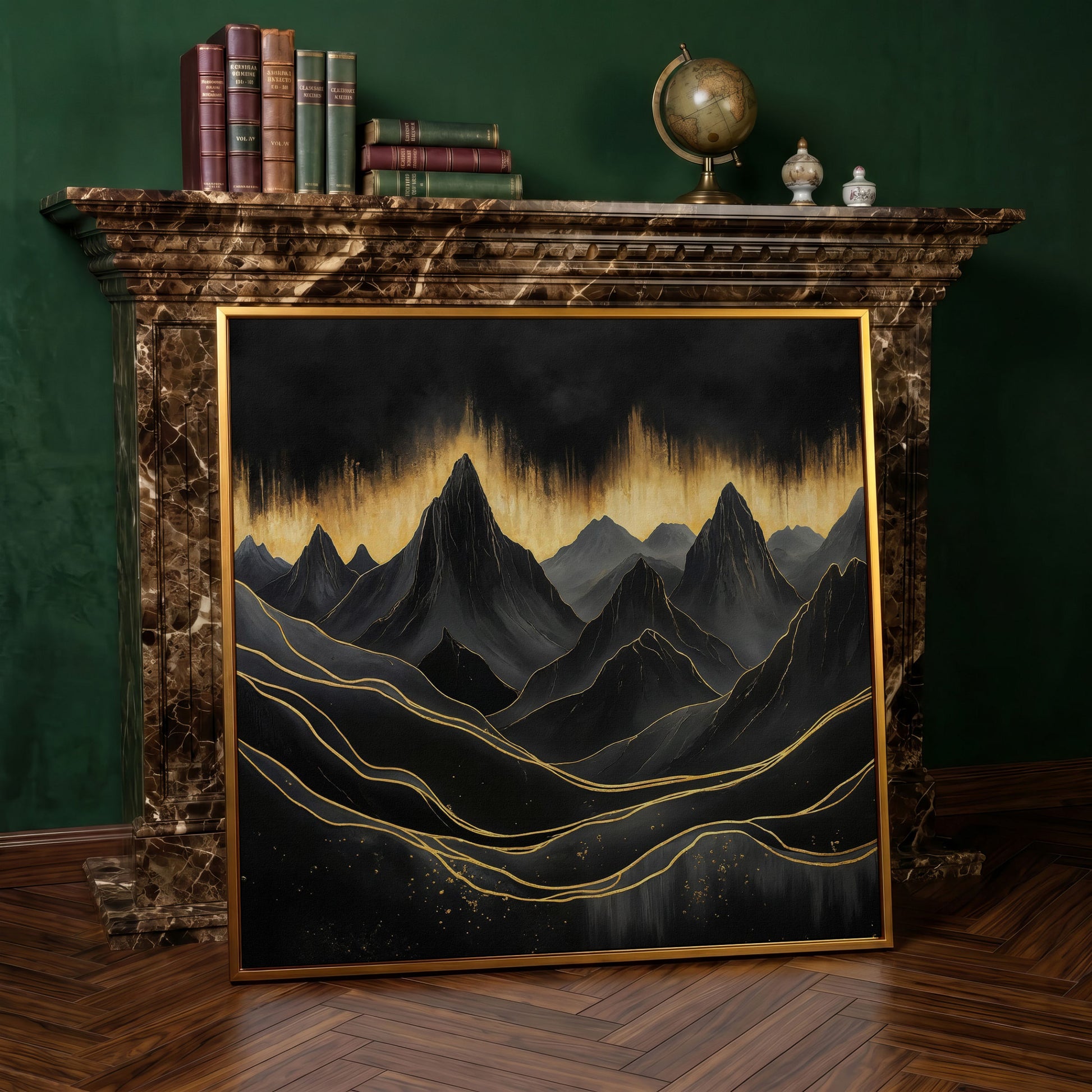 Surreal Mountain Landscape Canvas, Black and Gold in antique gold floating frame
