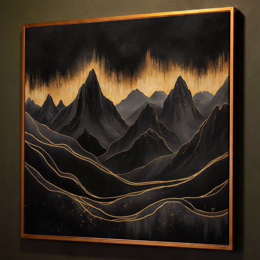 Surreal Mountain Landscape Canvas, Black and Gold shown in antique gold floating frame