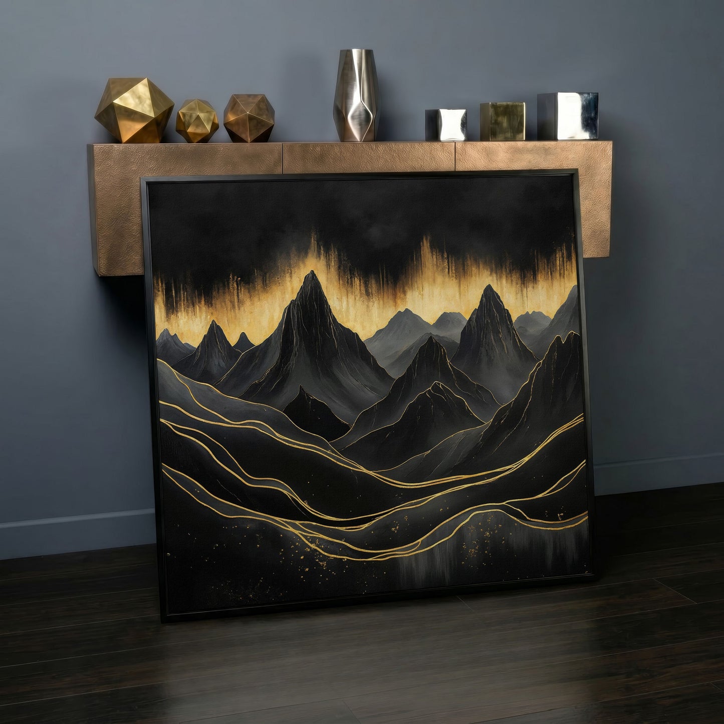 Surreal Mountain Landscape Canvas, Black and Gold in black floating frame