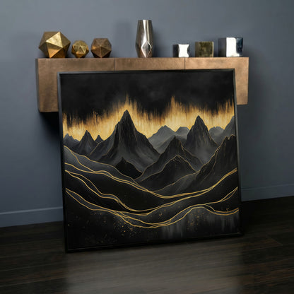 Surreal Mountain Landscape Canvas, Black and Gold in black floating frame