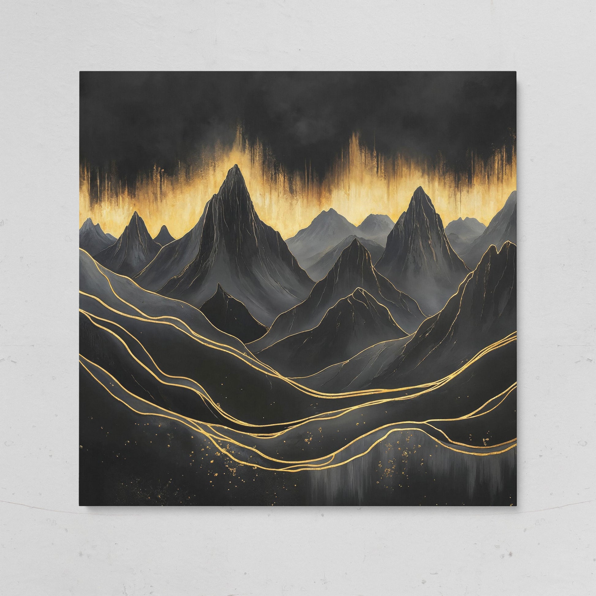 Surreal Mountain Landscape Canvas, Black and Gold on gallery wrap