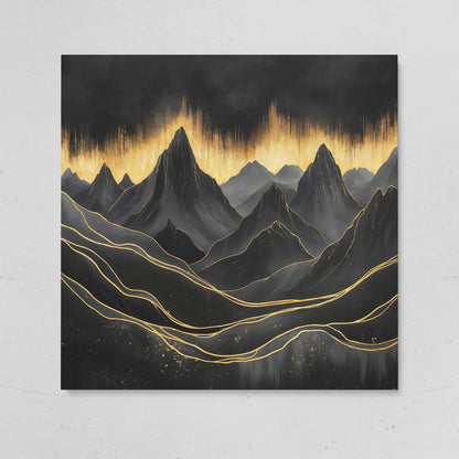 Surreal Mountain Landscape Canvas, Black and Gold on gallery wrap