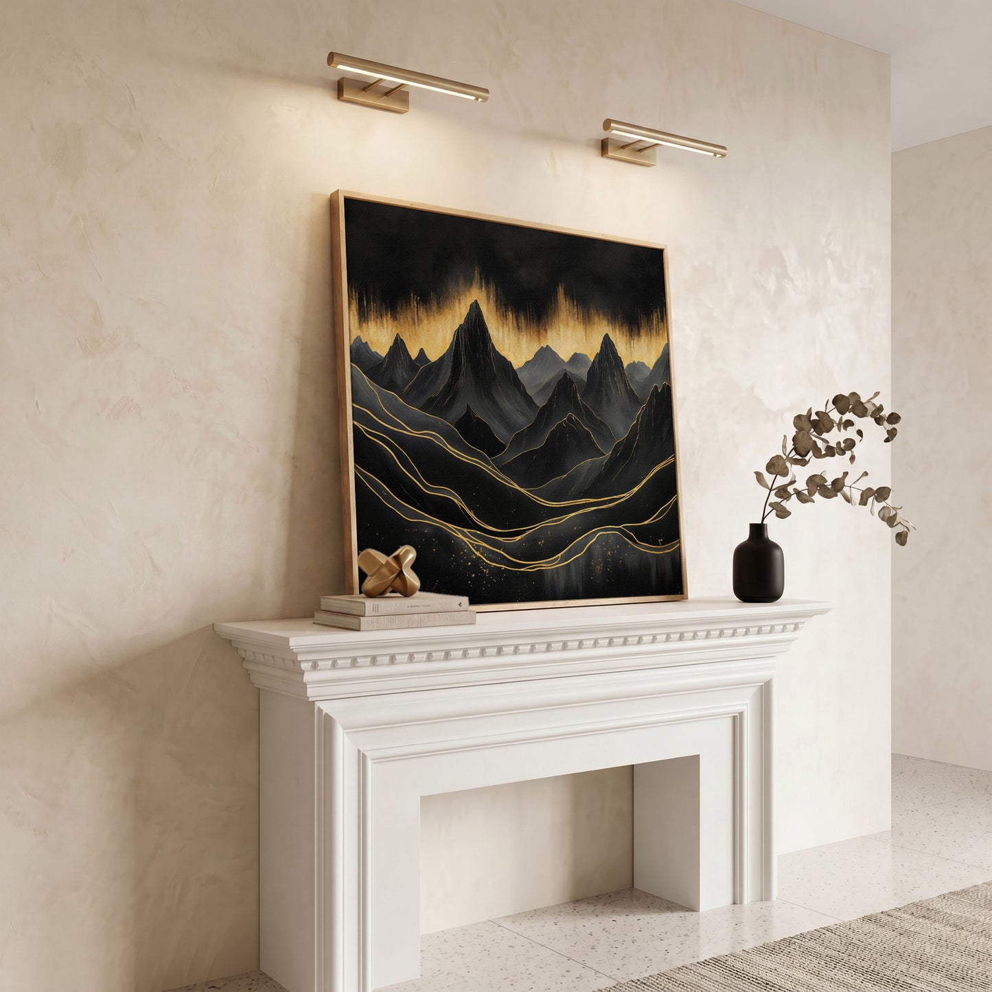 Surreal Mountain Landscape Canvas, Black and Gold in white oak floating frame