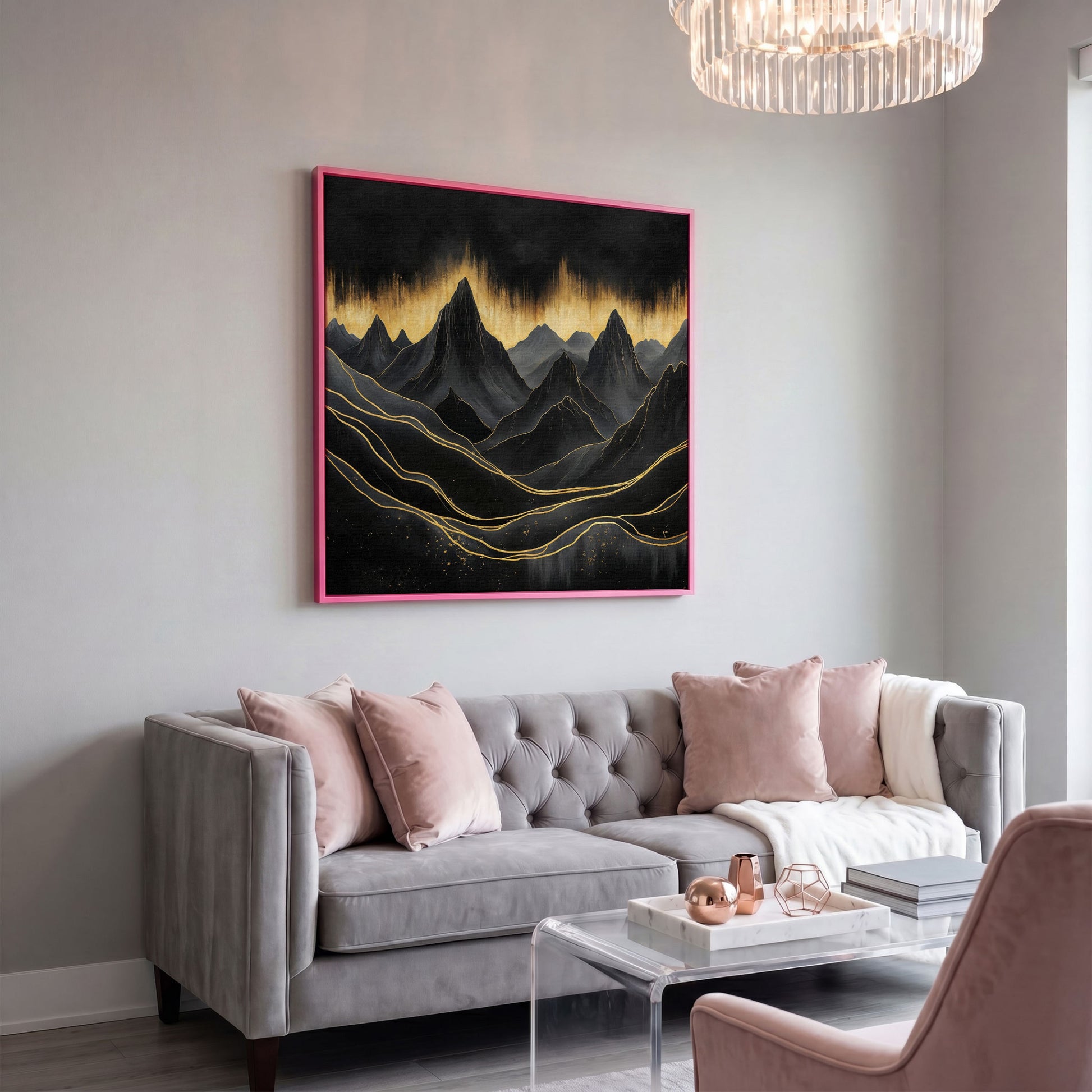 Surreal Mountain Landscape Canvas, Black and Gold in pink floating frame