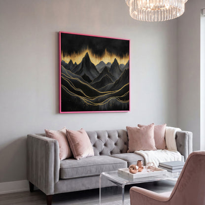 Surreal Mountain Landscape Canvas, Black and Gold in pink floating frame