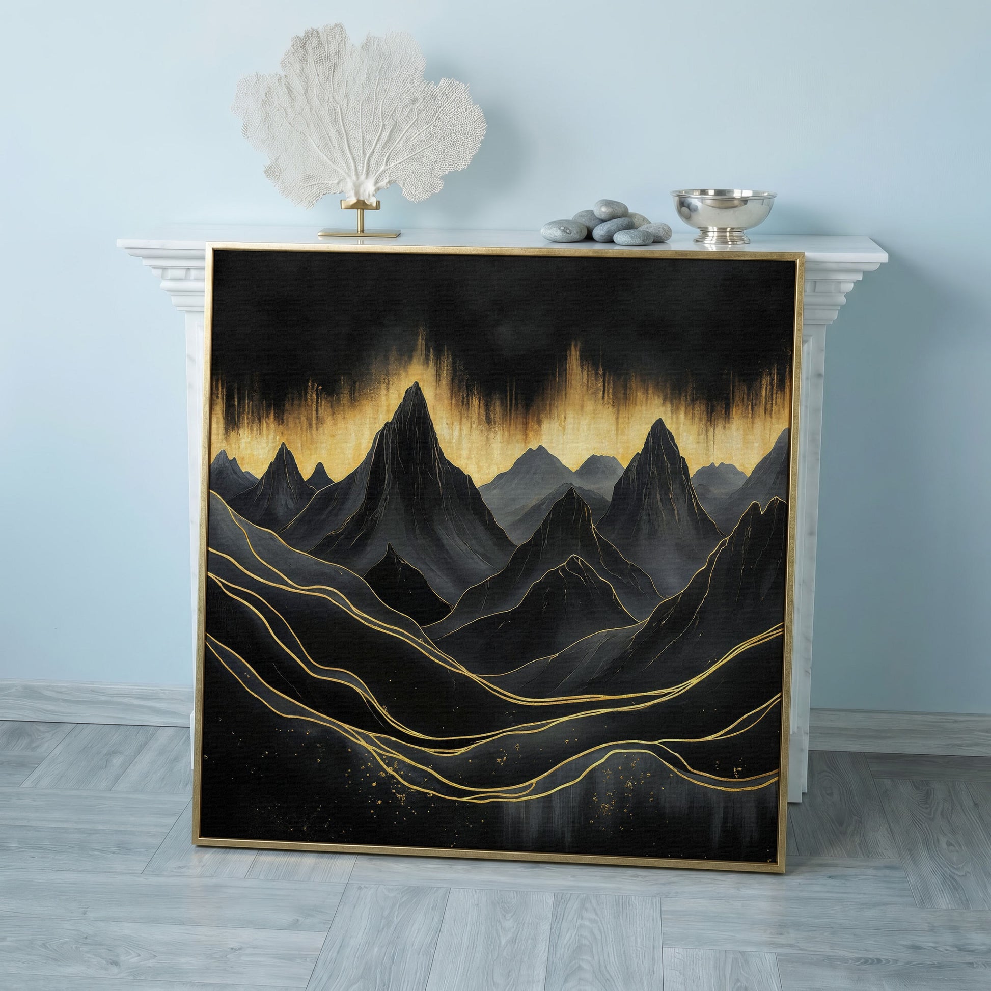 Surreal Mountain Landscape Canvas, Black and Gold in rose gold floating frame