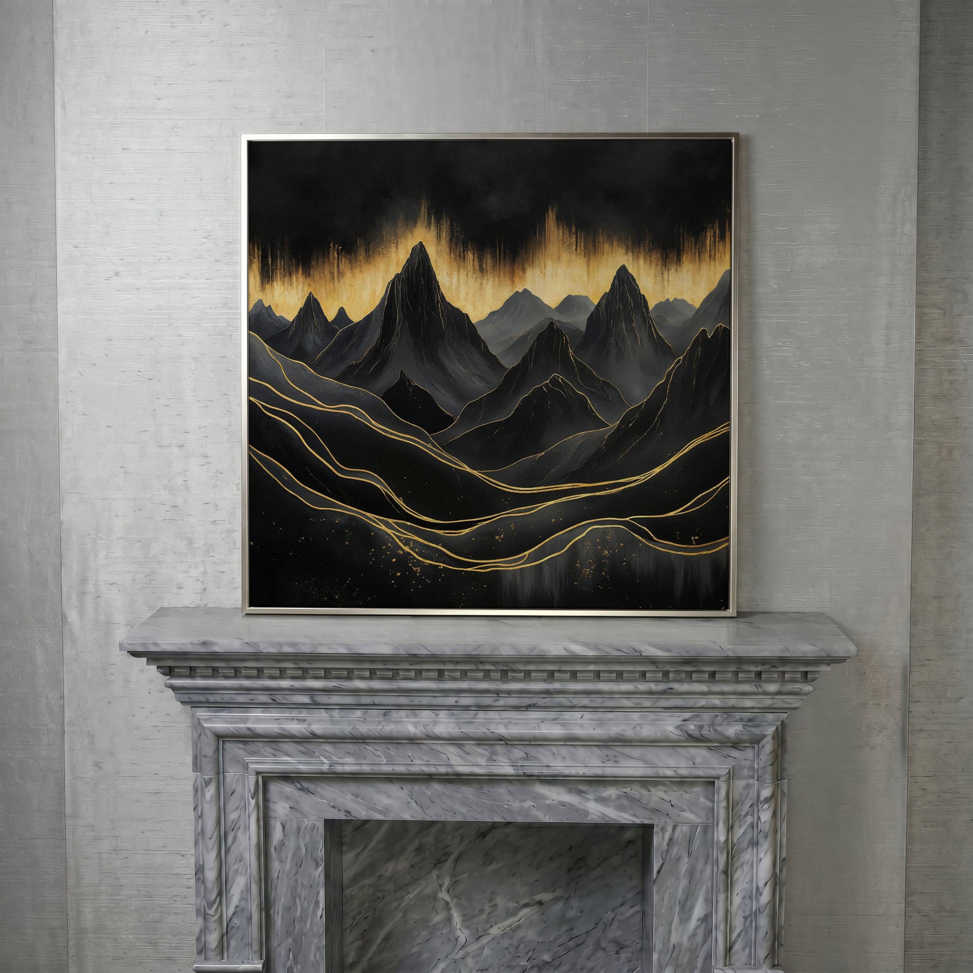 Surreal Mountain Landscape Canvas, Black and Gold in silver floating frame