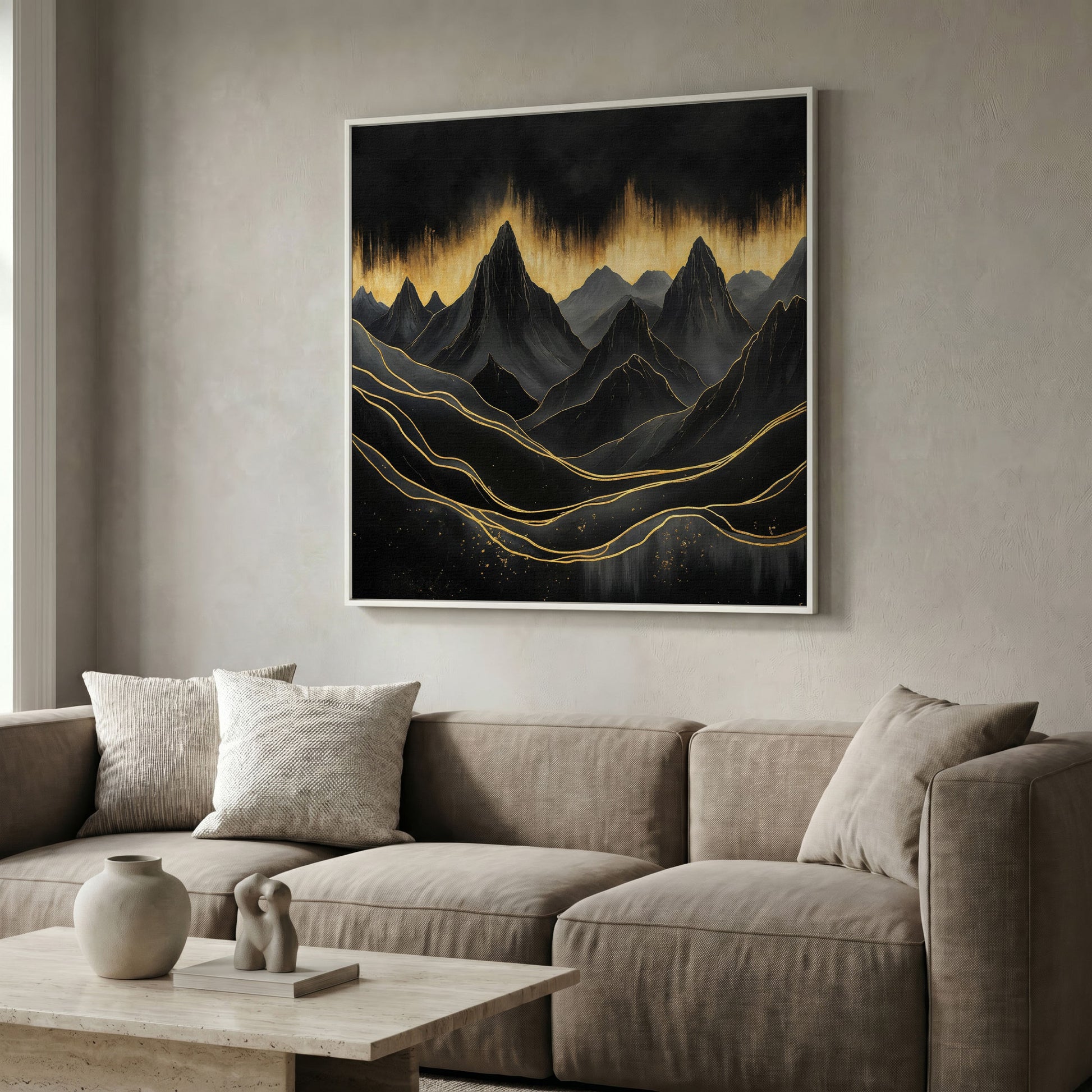 Surreal Mountain Landscape Canvas, Black and Gold in white floating frame