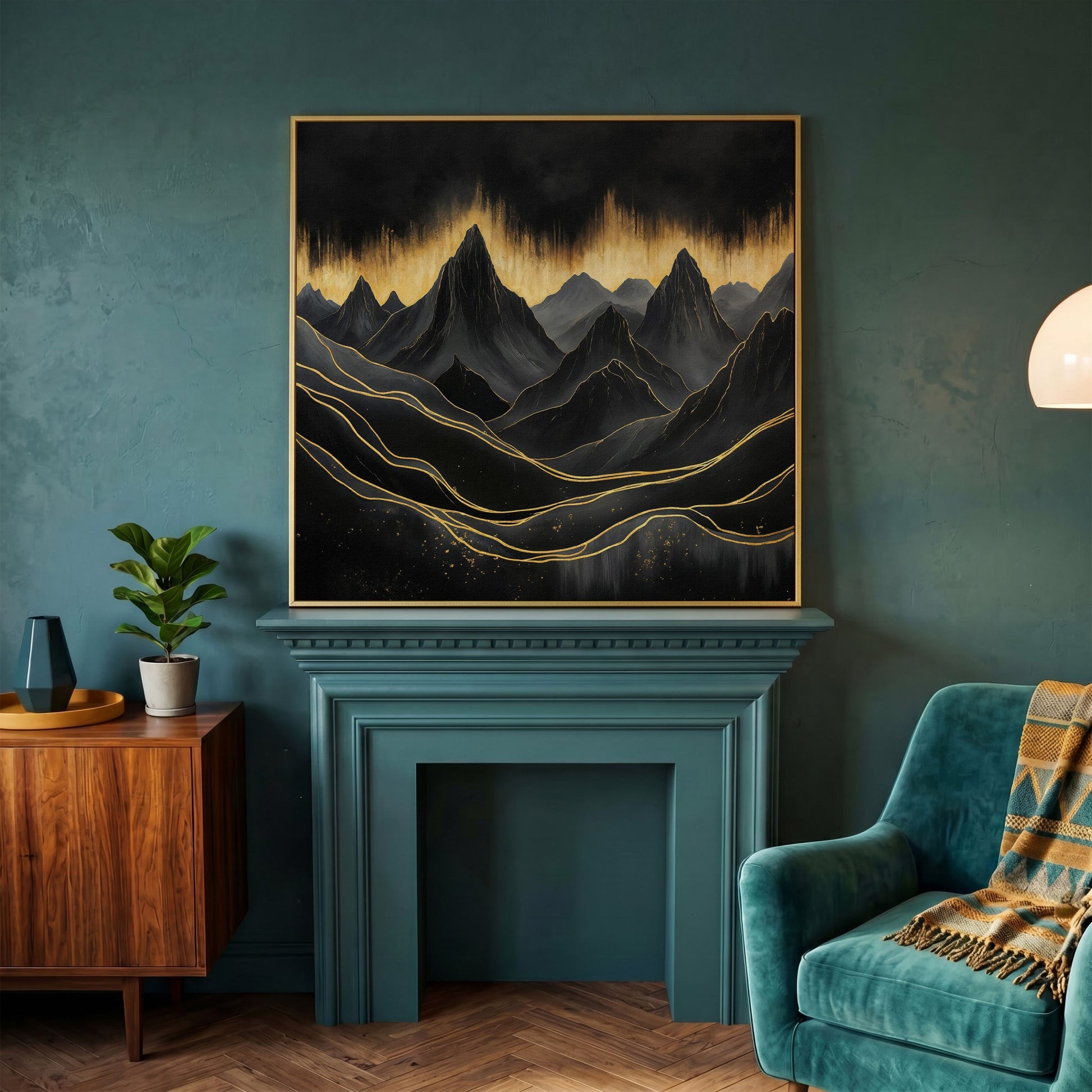 Surreal Mountain Landscape Canvas, Black and Gold in yellow gold floating frame