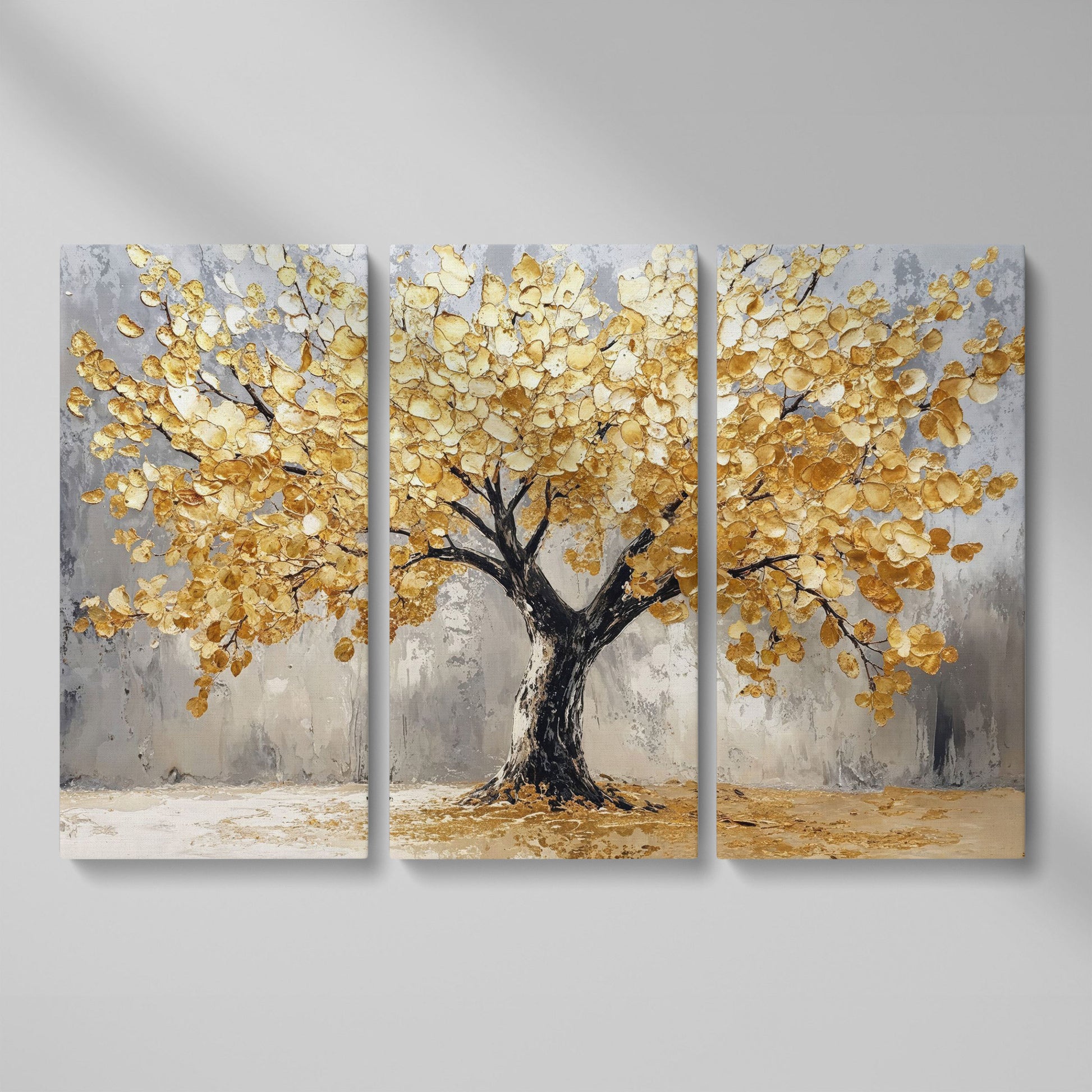 Golden Tree on Misted Gray Canvas Print as 3-panel split version
