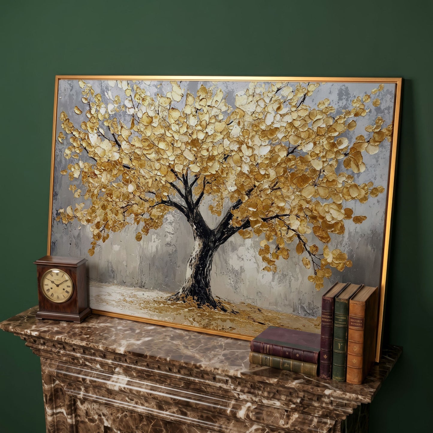 Golden Tree on Misted Gray Canvas Print in antique gold floating frame