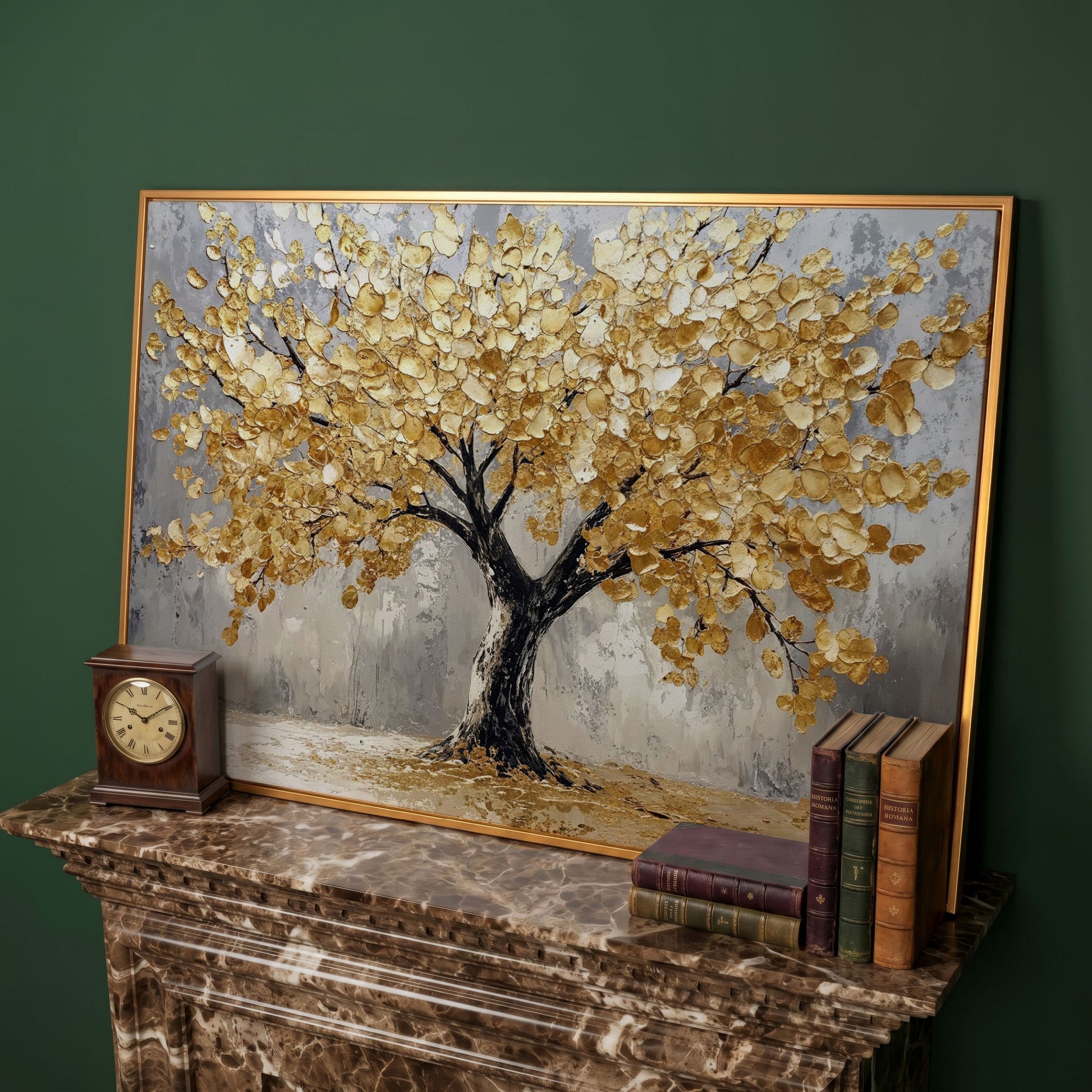 Golden Tree on Misted Gray Canvas Print in antique gold floating frame