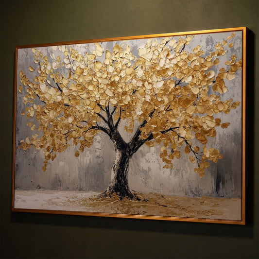 Golden Tree on Misted Gray Canvas Print shown in antique gold floating frame