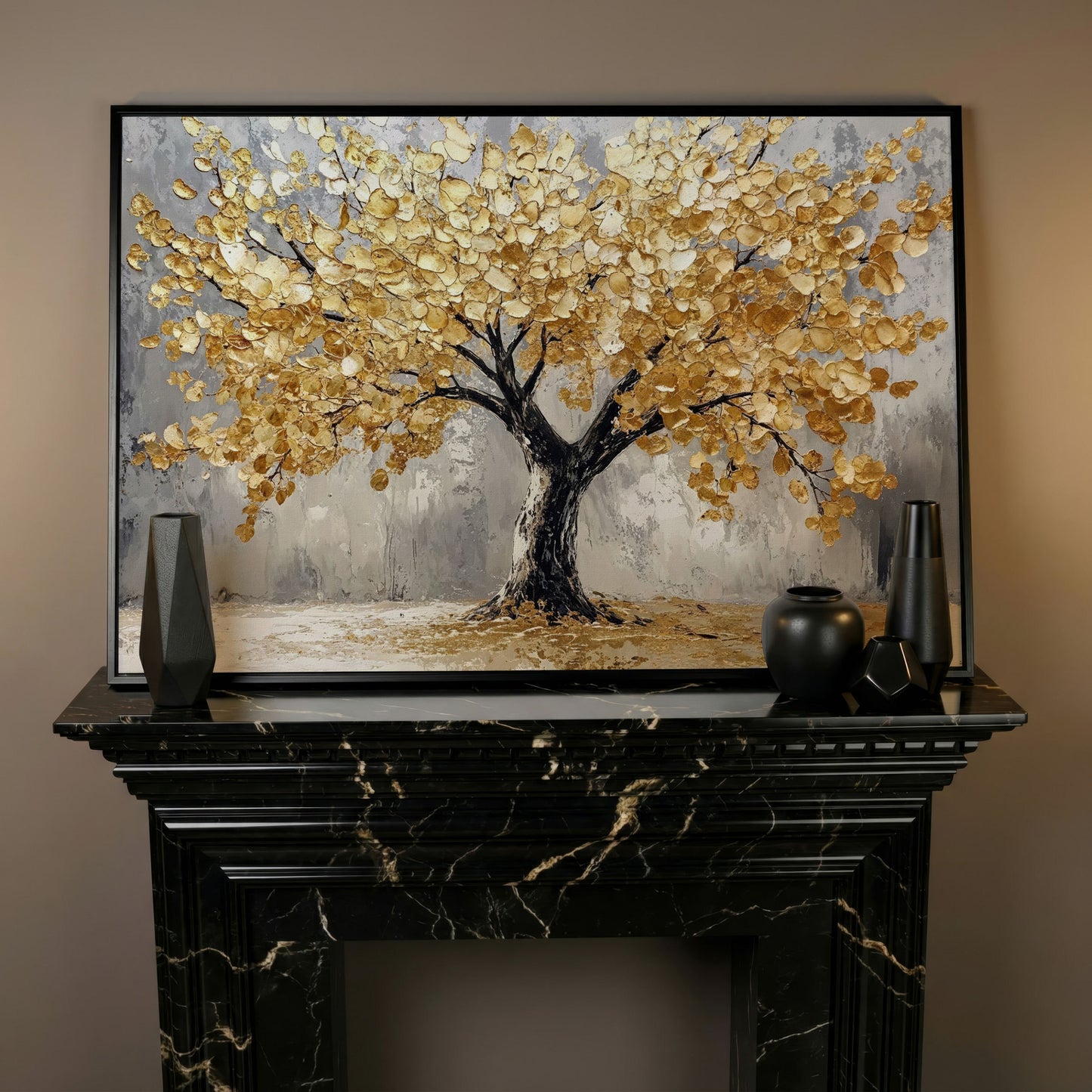 Golden Tree on Misted Gray Canvas Print in black floating frame