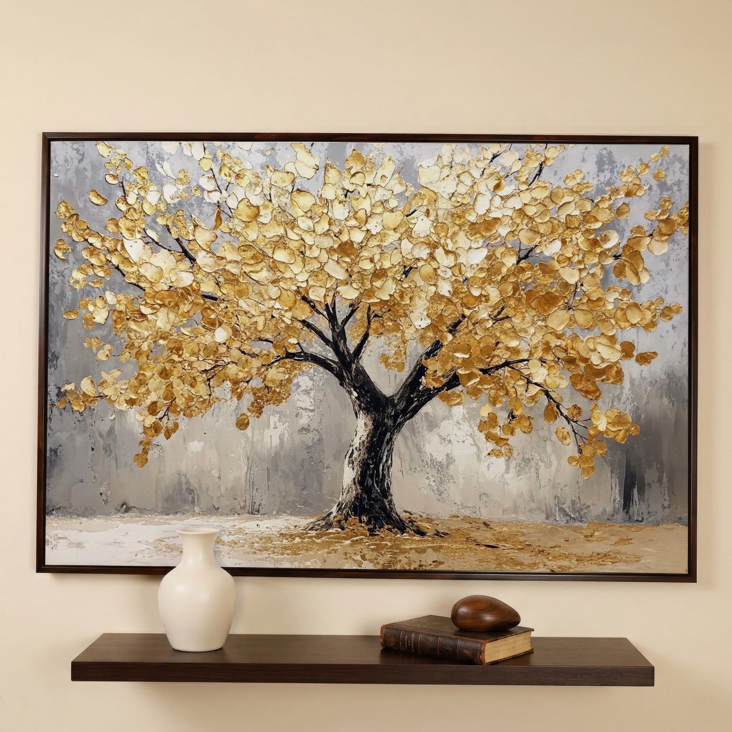 Golden Tree on Misted Gray Canvas Print in dark walnut floating frame