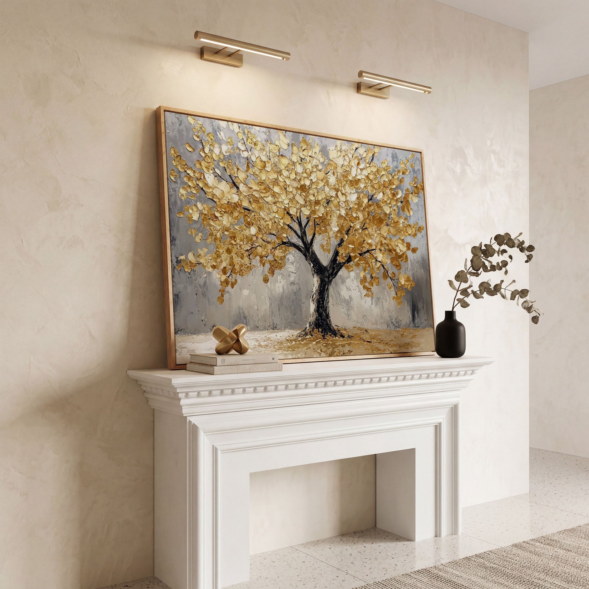 Golden Tree on Misted Gray Canvas Print in white oak floating frame