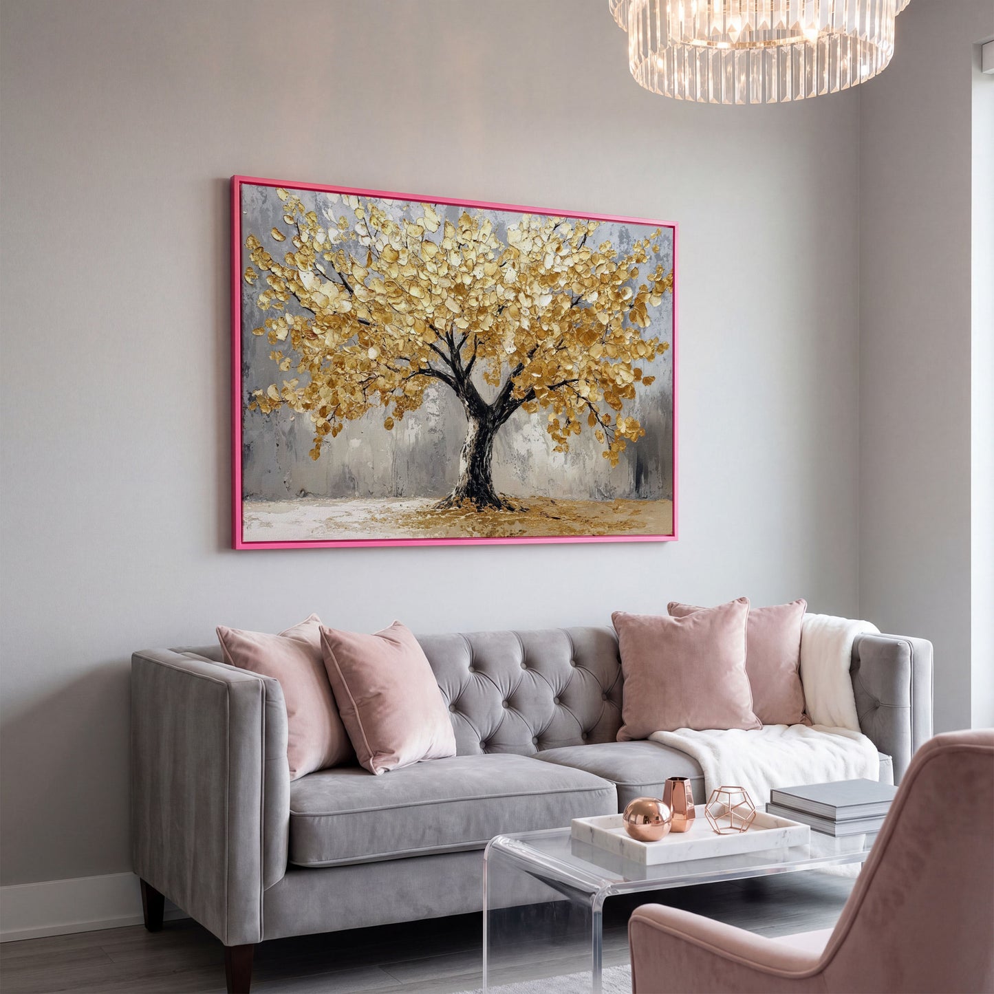 Golden Tree on Misted Gray Canvas Print in pink floating frame