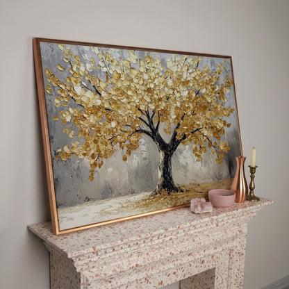 Golden Tree on Misted Gray Canvas Print in rose gold floating frame