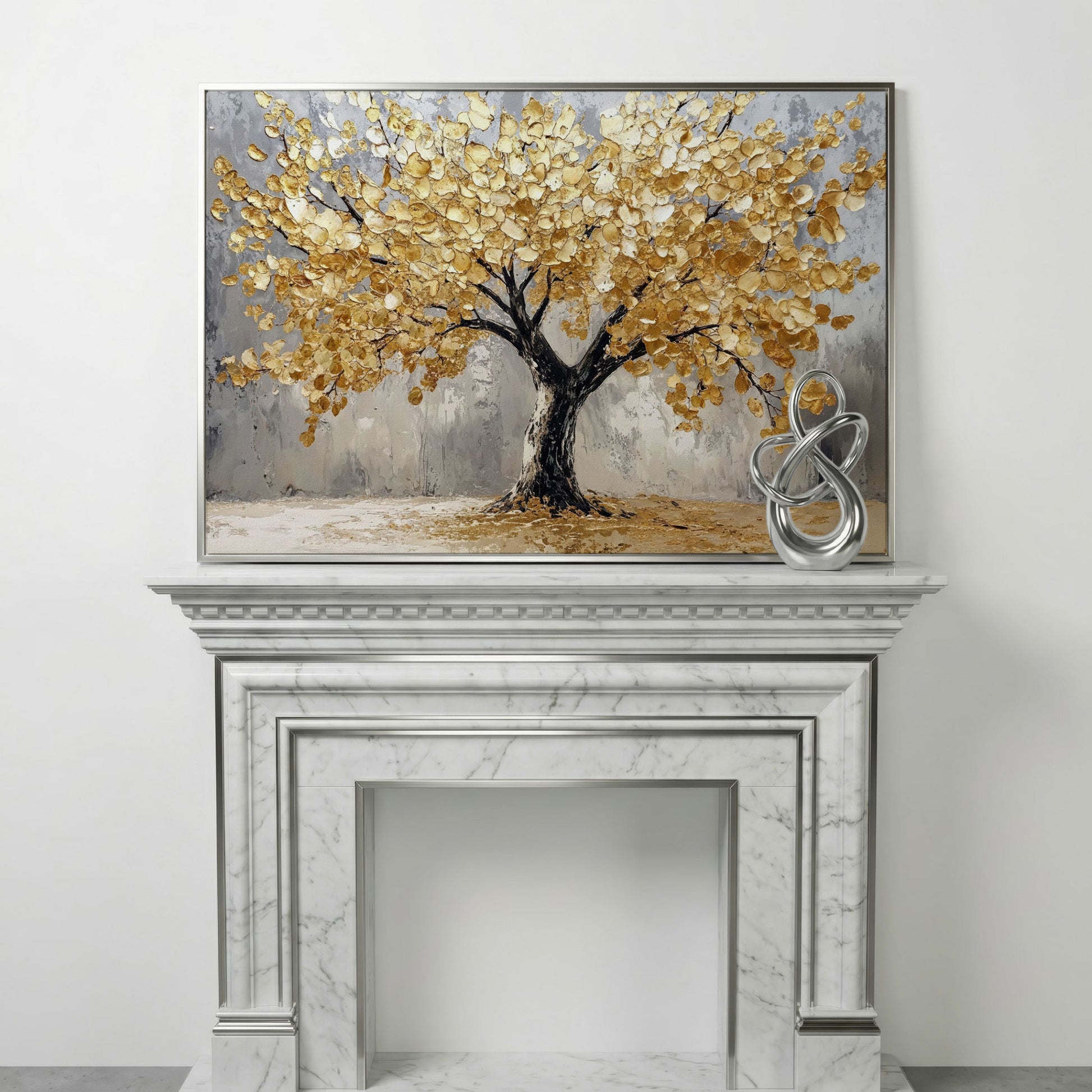 Golden Tree on Misted Gray Canvas Print in silver floating frame