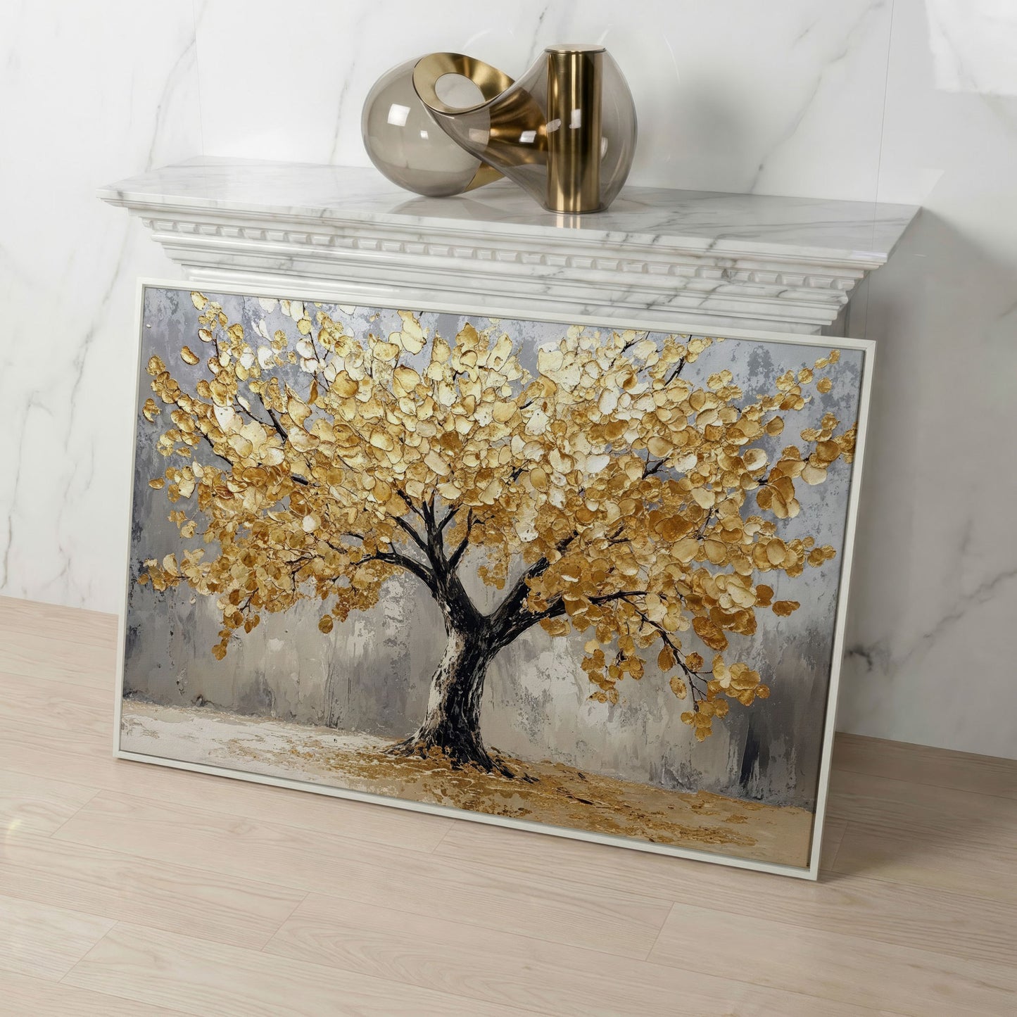 Golden Tree on Misted Gray Canvas Print in white floating frame