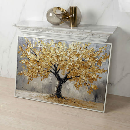 Golden Tree on Misted Gray Canvas Print in white floating frame