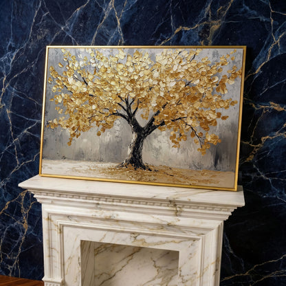 Golden Tree on Misted Gray Canvas Print in yellow gold floating frame