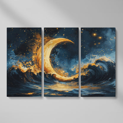 Golden Crescent Moon and Ocean Waves Canvas as 3-panel split version