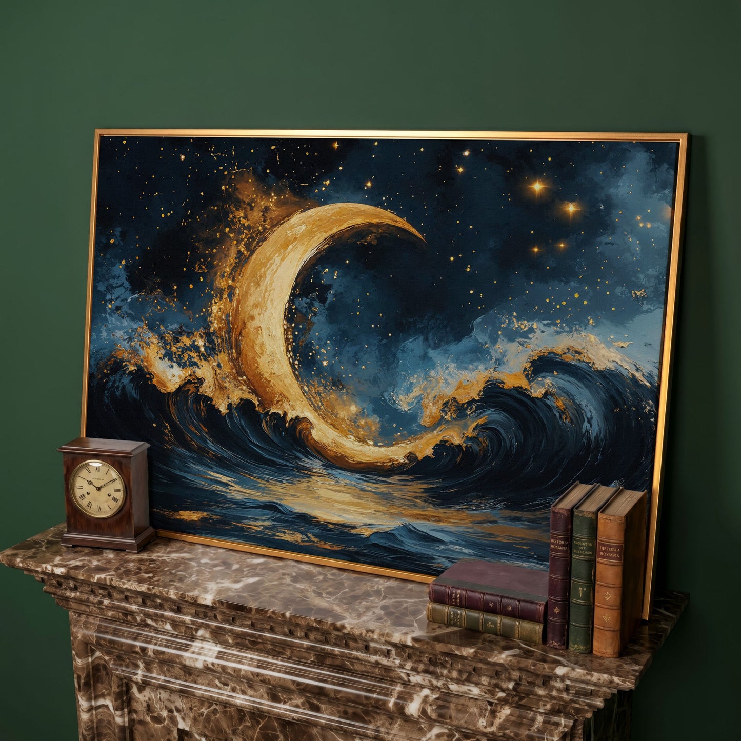Golden Crescent Moon and Ocean Waves Canvas in antique gold floating frame