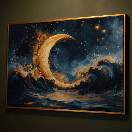 Golden Crescent Moon and Ocean Waves Canvas shown in antique gold floating frame
