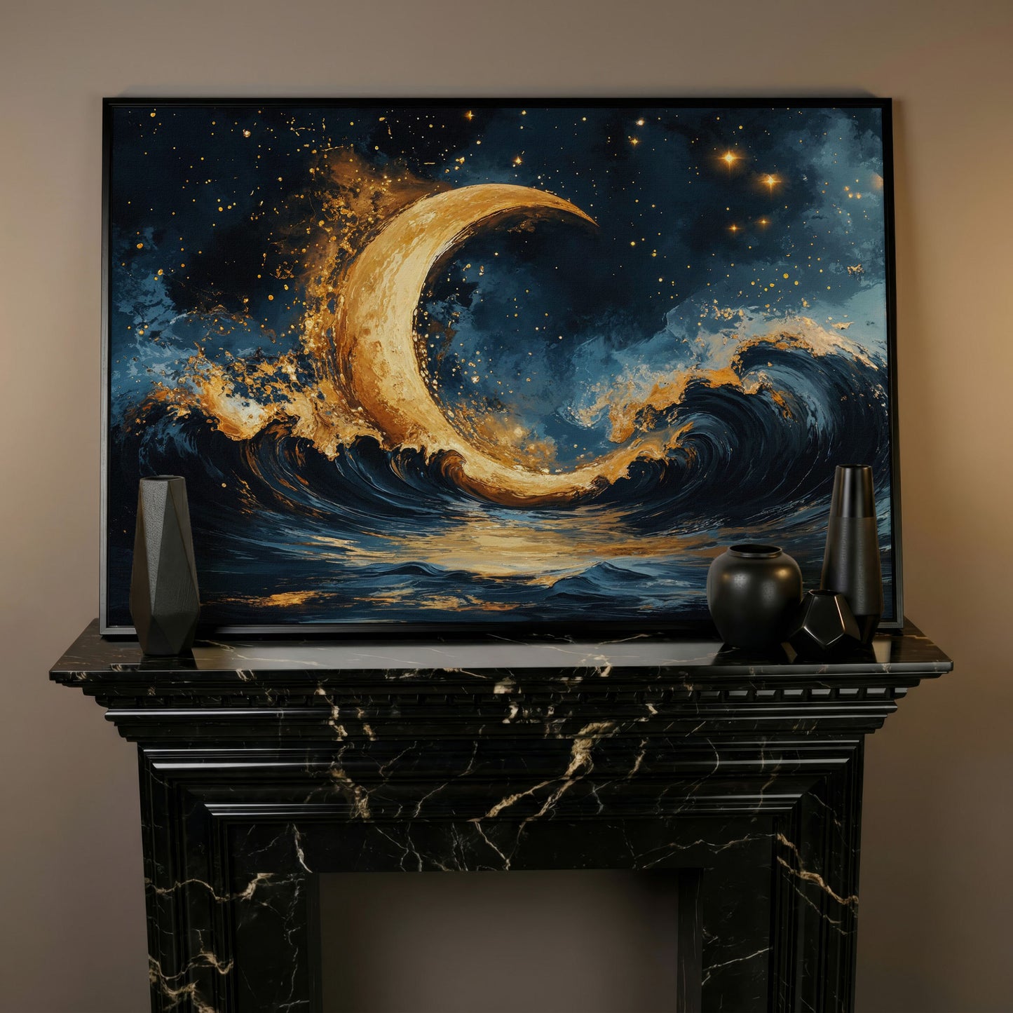 Golden Crescent Moon and Ocean Waves Canvas in black floating frame