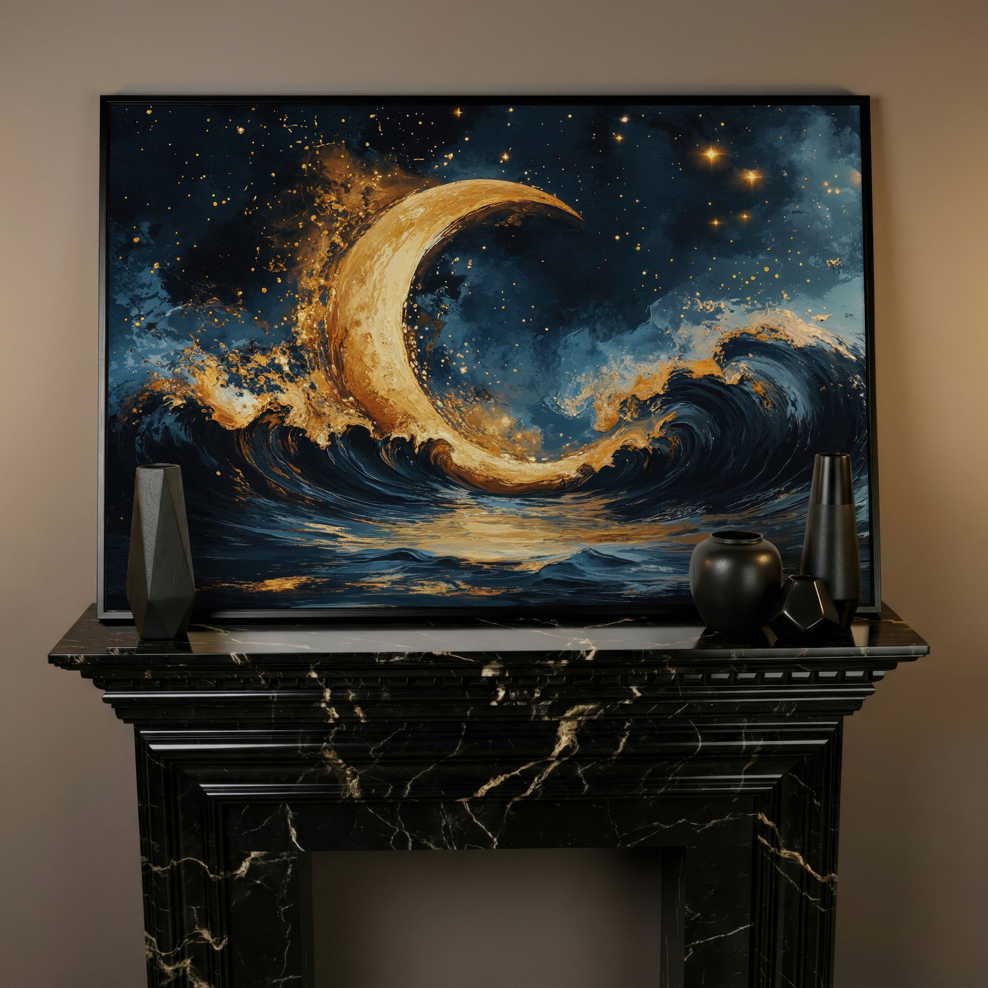 Golden Crescent Moon and Ocean Waves Canvas in black floating frame