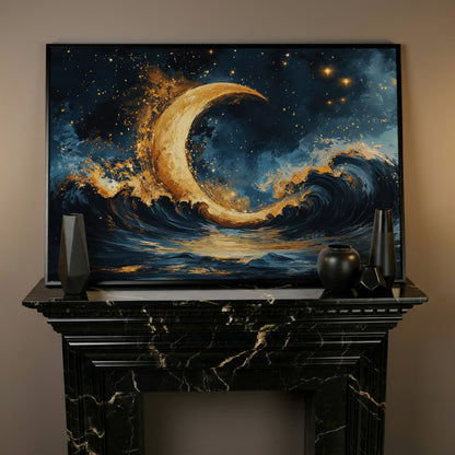 Golden Crescent Moon and Ocean Waves Canvas in black floating frame