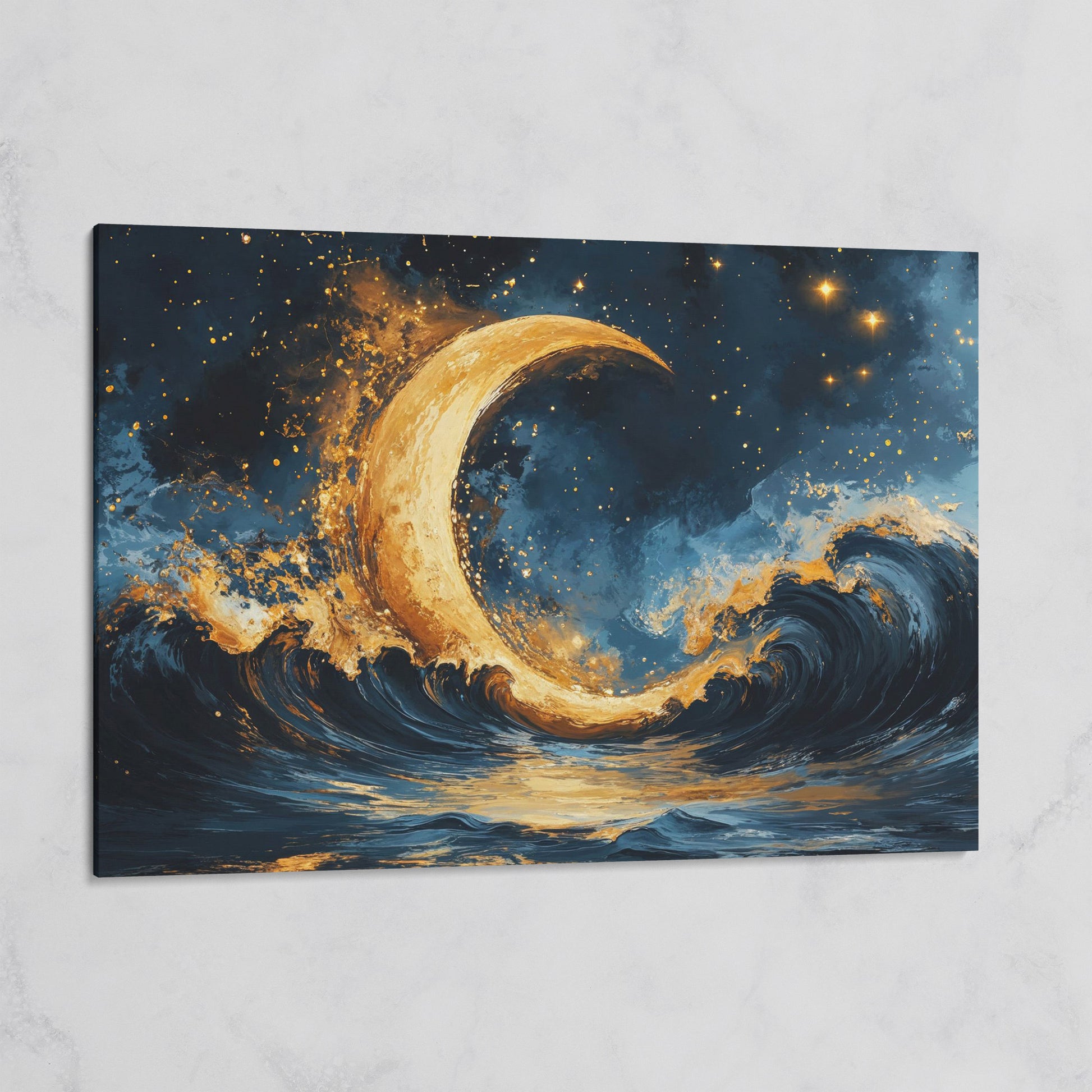 Golden Crescent Moon and Ocean Waves Canvas on gallery wrap