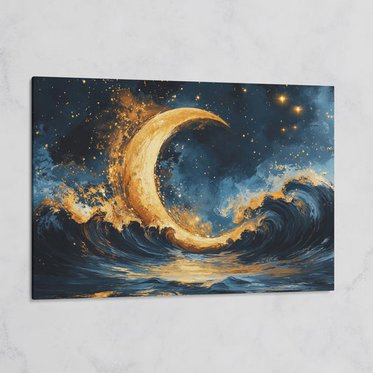 Golden Crescent Moon and Ocean Waves Canvas on gallery wrap