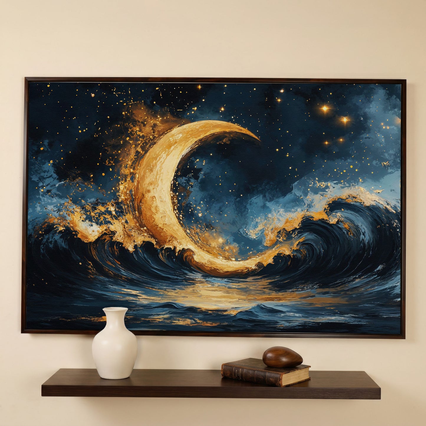 Golden Crescent Moon and Ocean Waves Canvas in dark walnut floating frame