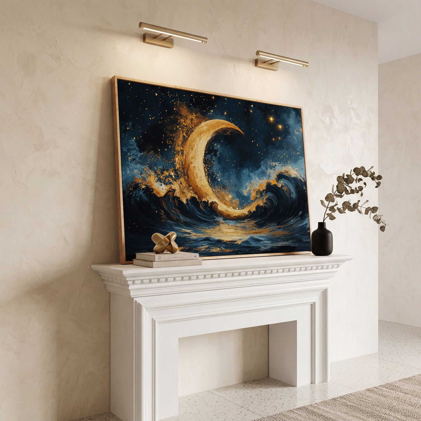 Golden Crescent Moon and Ocean Waves Canvas in white oak floating frame