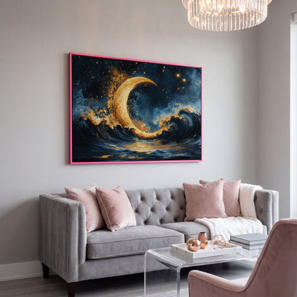 Golden Crescent Moon and Ocean Waves Canvas in pink floating frame