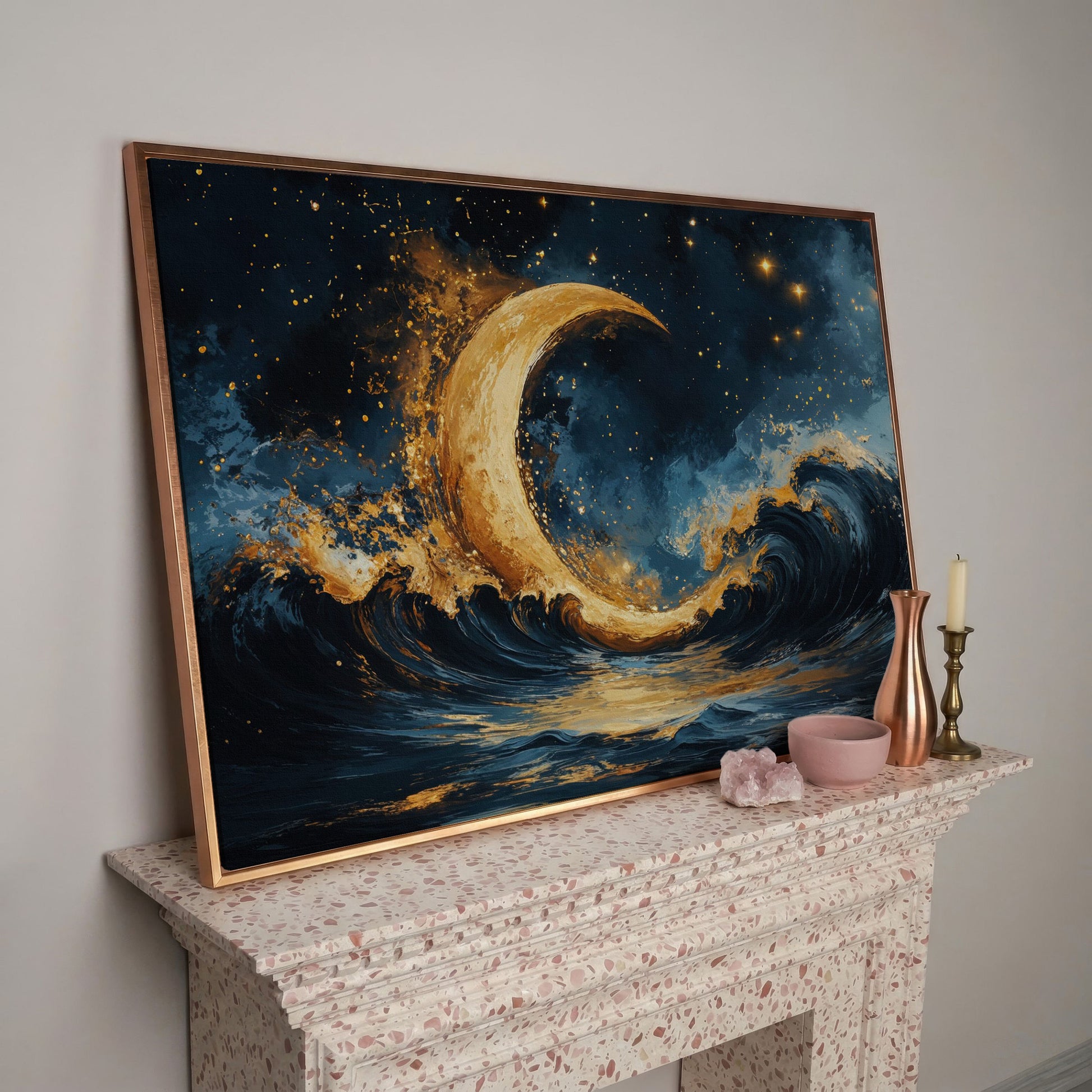 Golden Crescent Moon and Ocean Waves Canvas in rose gold floating frame