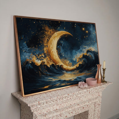 Golden Crescent Moon and Ocean Waves Canvas in rose gold floating frame
