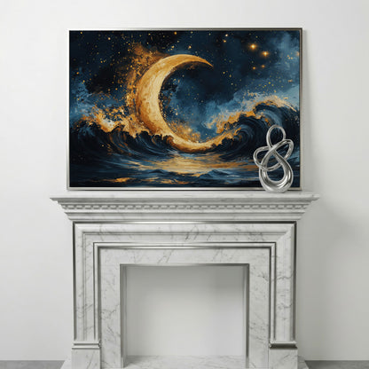 Golden Crescent Moon and Ocean Waves Canvas in silver floating frame