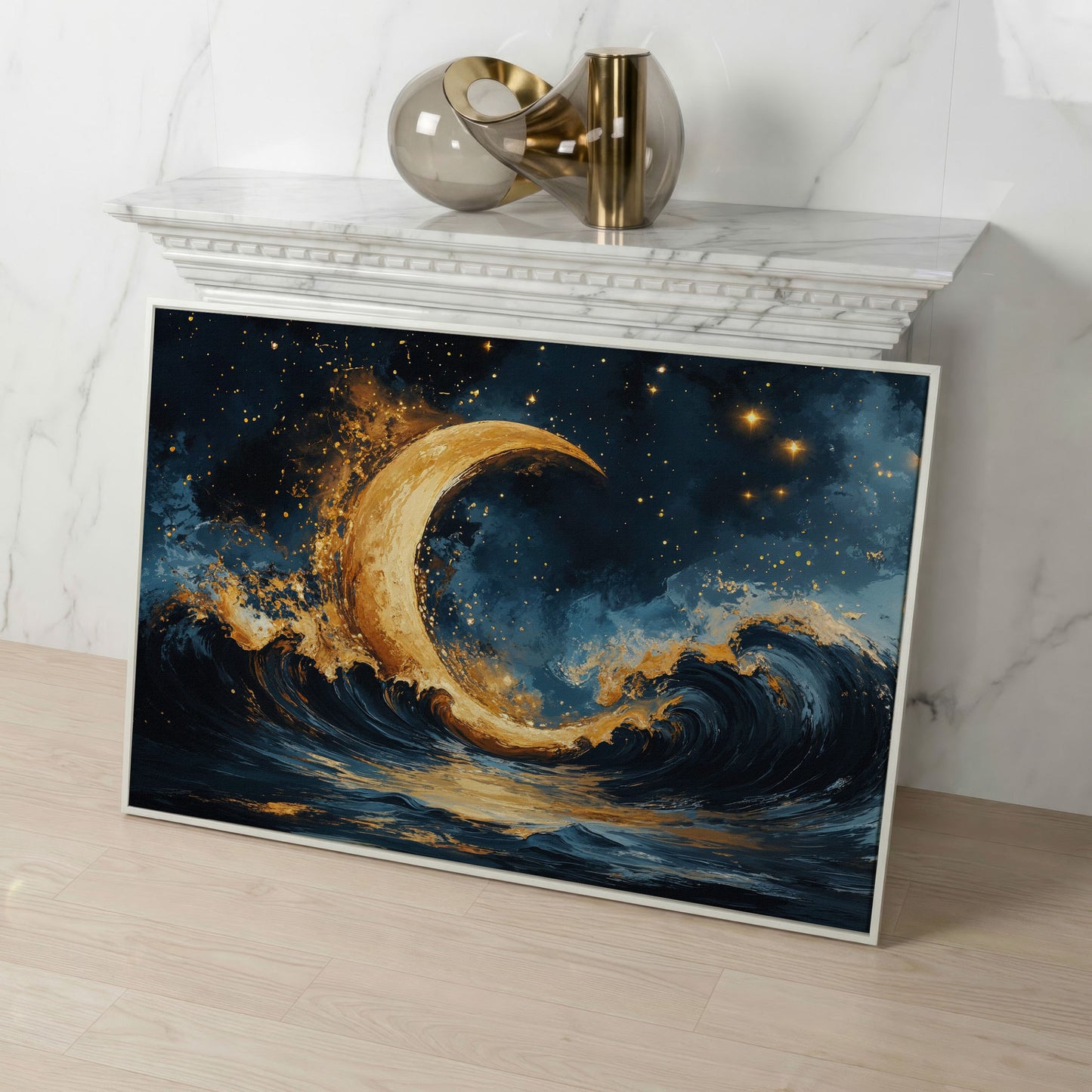 Golden Crescent Moon and Ocean Waves Canvas in white floating frame