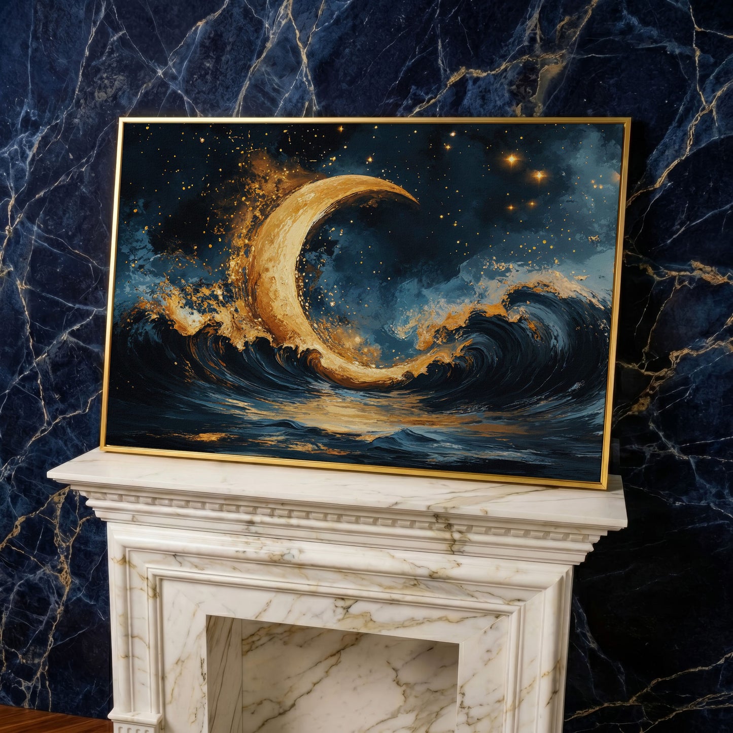 Golden Crescent Moon and Ocean Waves Canvas in yellow gold floating frame