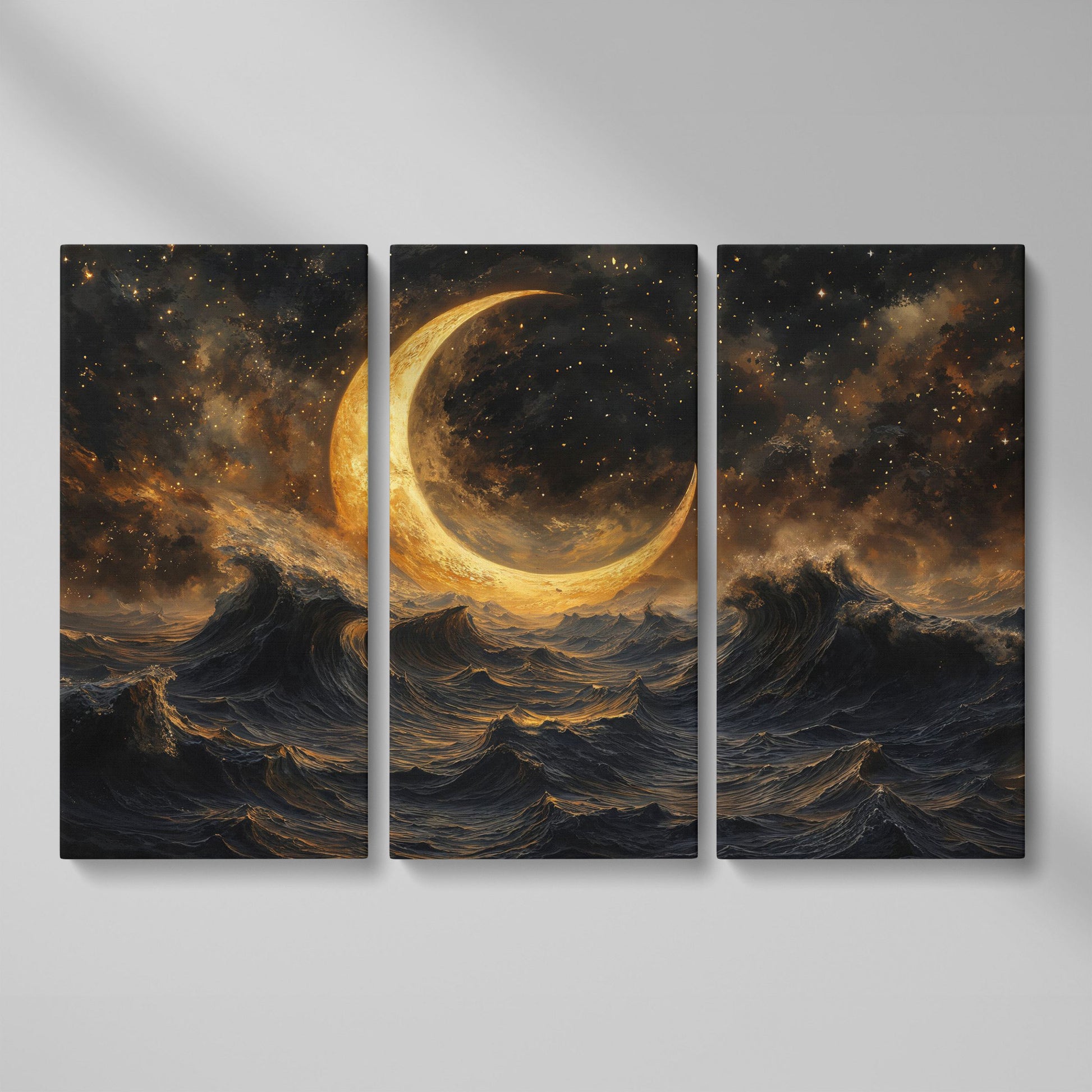 Crescent Moon Over Stormy Ocean Canvas Wall Art as 3-panel split version