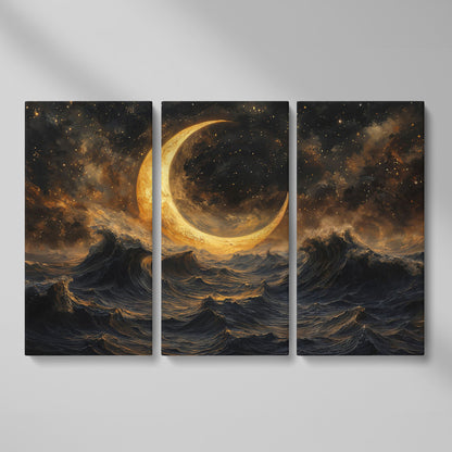 Crescent Moon Over Stormy Ocean Canvas Wall Art as 3-panel split version