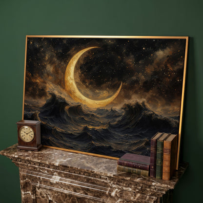 Crescent Moon Over Stormy Ocean Canvas Wall Art in antique gold floating frame