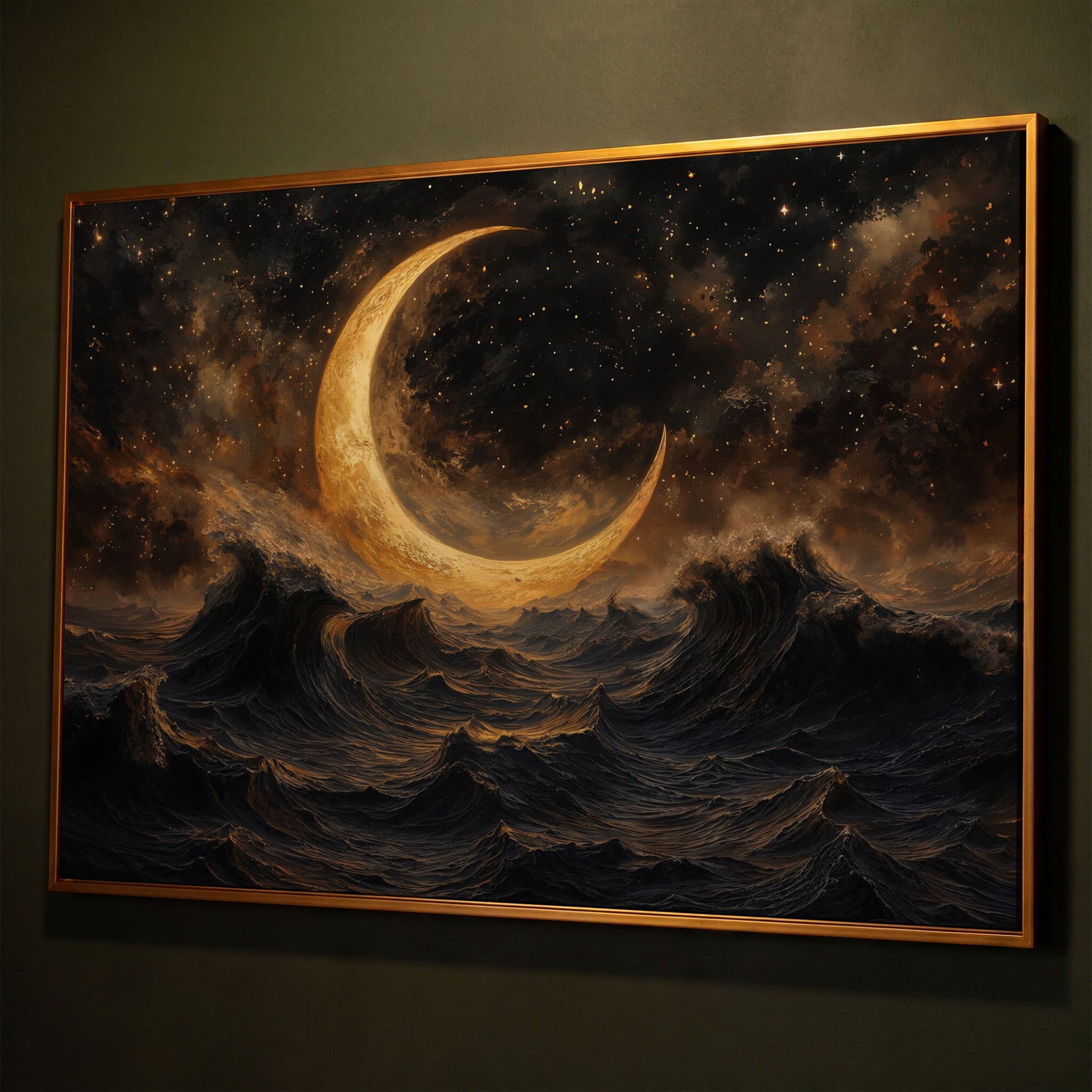 Crescent Moon Over Stormy Ocean Canvas Wall Art shown in antique gold floating frame