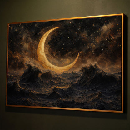 Crescent Moon Over Stormy Ocean Canvas Wall Art shown in antique gold floating frame